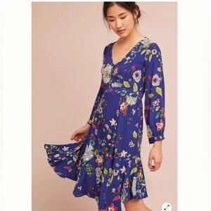 Maeve Anthropologie Maplewood Blue Floral Long Sleeve Dress size XS